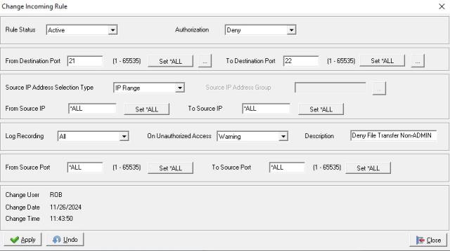 AS400 Firewall Incoming Rule Seny Warning
